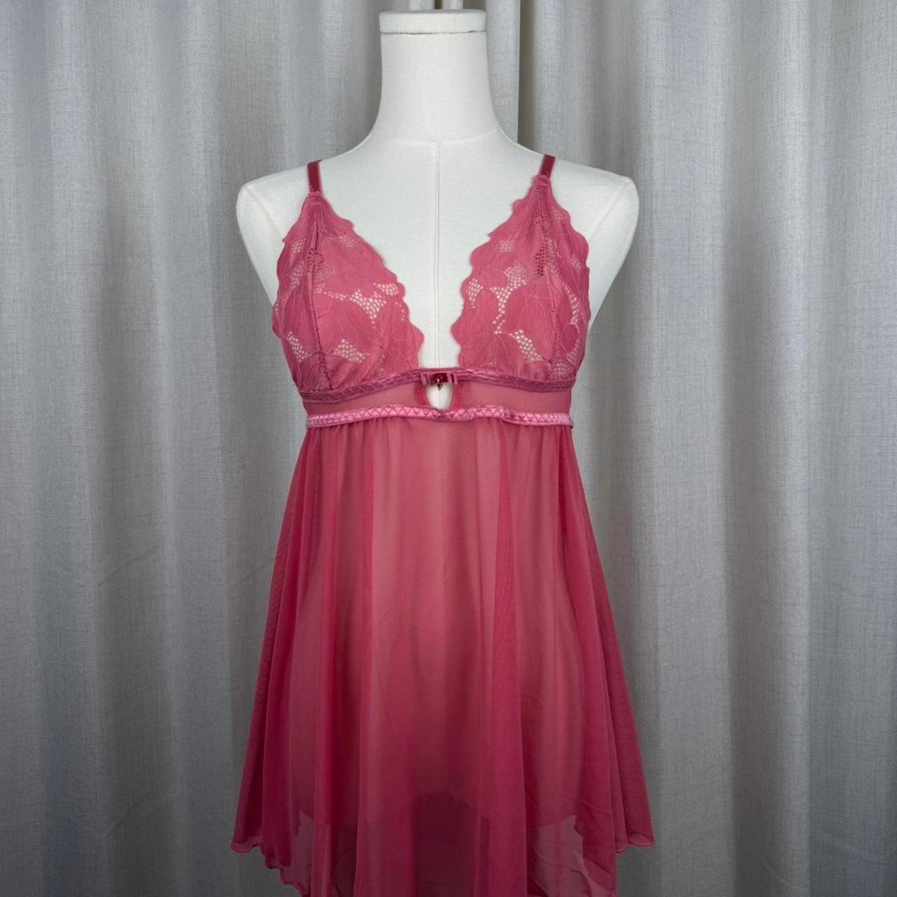 Rachel Roy Pink Lace Babydoll Lingerie Dress Rhinestone Heart Size L
